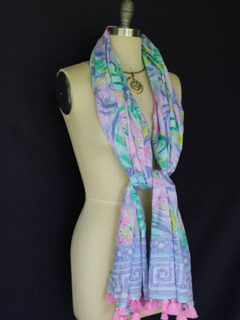 lilly pulitzer resort scarf pink tassel lattice greek key wrap shawl sarong - Picture 4 of 10